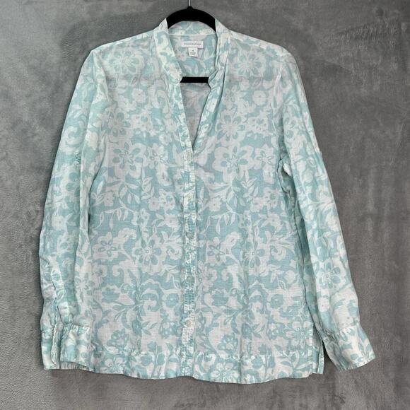 Charter Club Button-Up Linen Shirt Womens Sz 14‎ Floral Roll Tab Sleeve Coastal - Picture 1 of 14